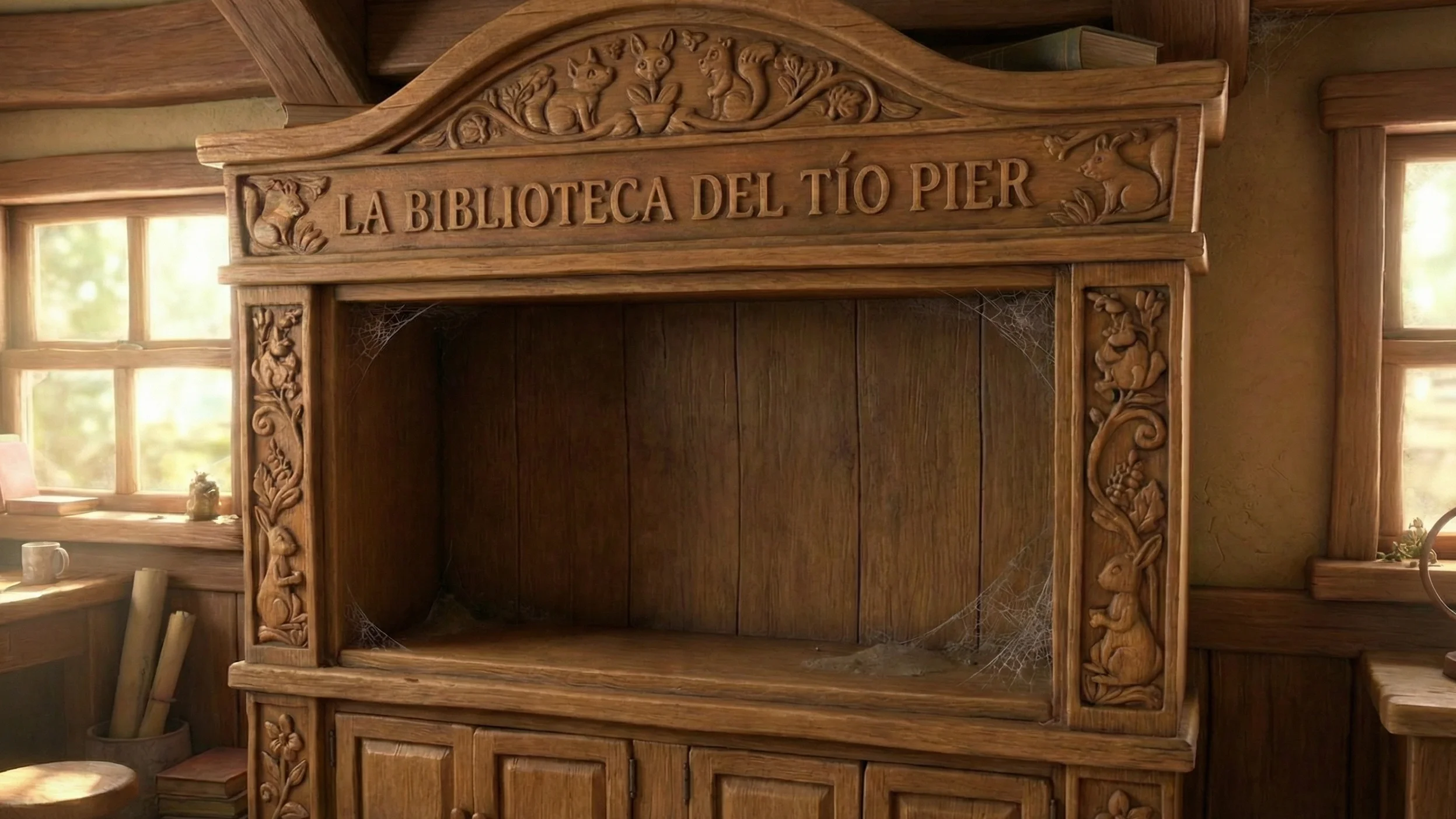 Estantería mágica de la Biblioteca del Tío Pier con libros de cuentos interactivos